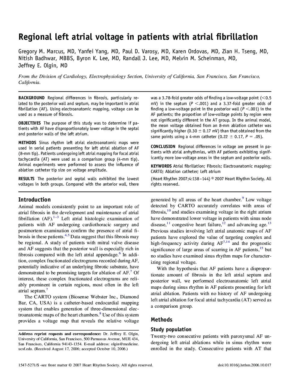 Regional left atrial voltage in patients with atrial fibrillation