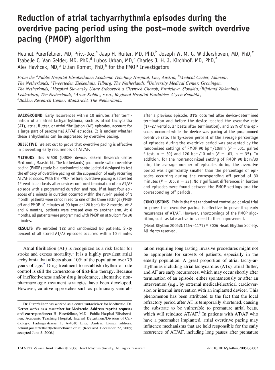 Reduction of atrial tachyarrhythmia episodes during the overdrive pacing period using the post–mode switch overdrive pacing (PMOP) algorithm