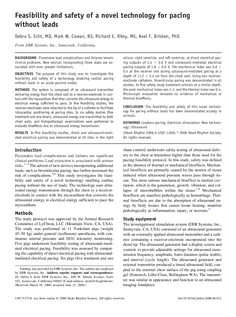 Feasibility and safety of a novel technology for pacing without leads 