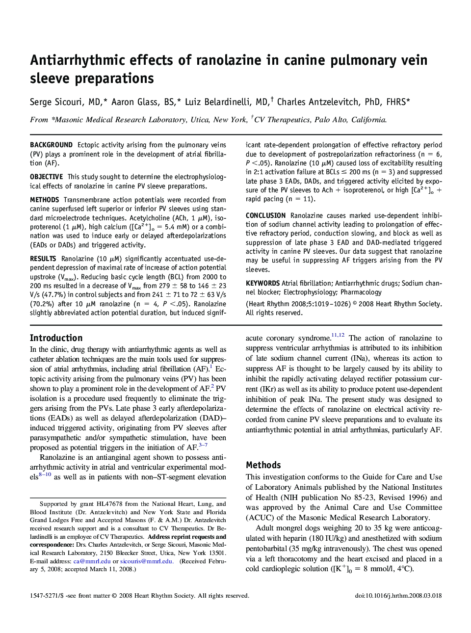 Antiarrhythmic effects of ranolazine in canine pulmonary vein sleeve preparations 