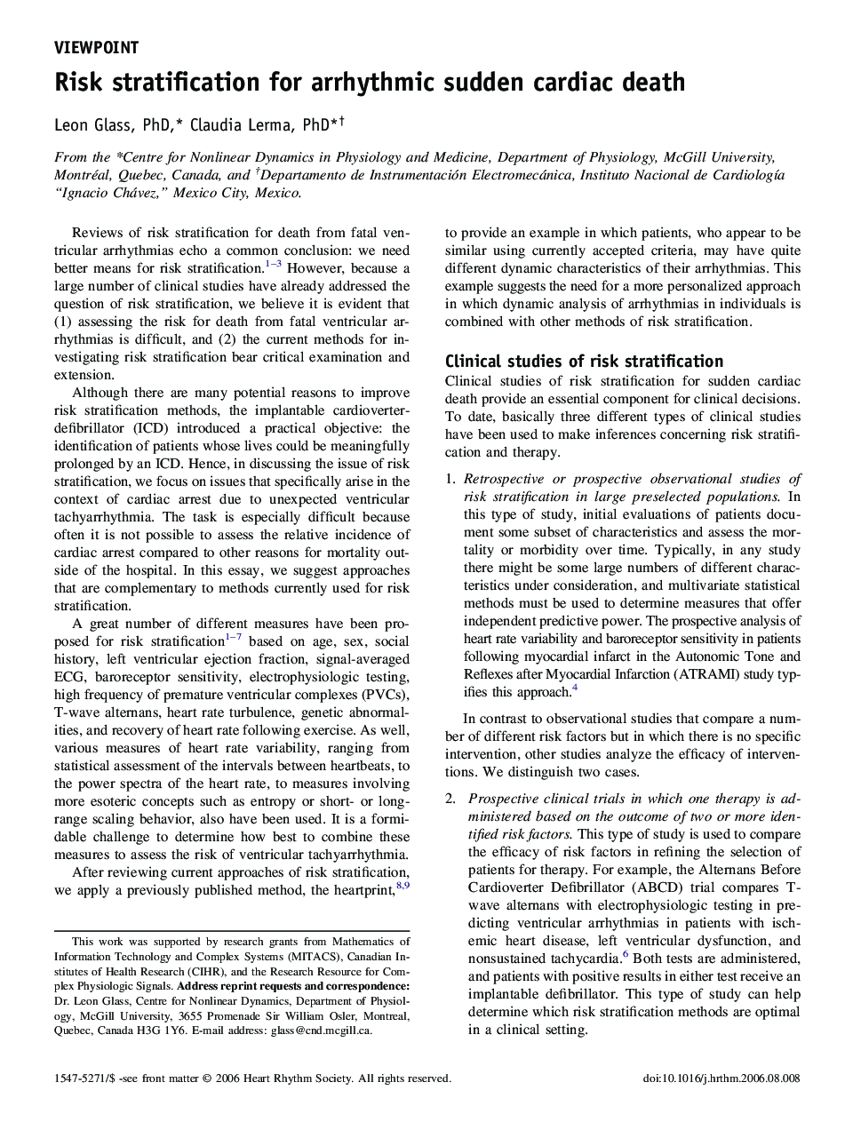 Risk stratification for arrhythmic sudden cardiac death