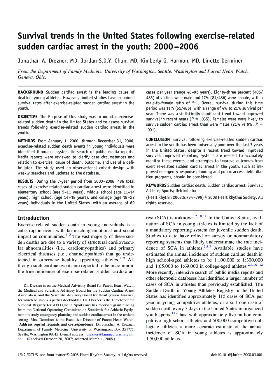 Survival trends in the United States following exercise-related sudden cardiac arrest in the youth: 2000–2006 