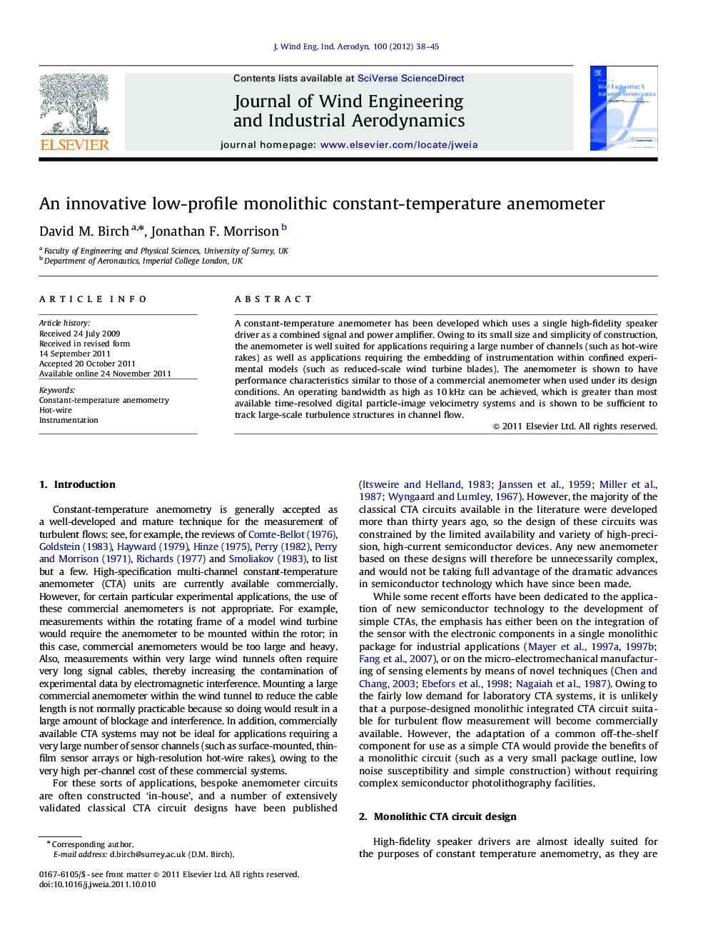 An innovative low-profile monolithic constant-temperature anemometer