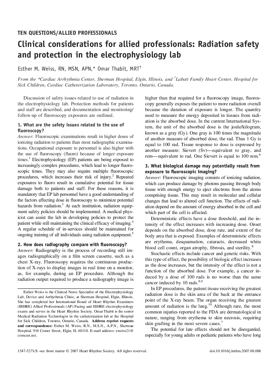 Clinical considerations for allied professionals: Radiation safety and protection in the electrophysiology lab