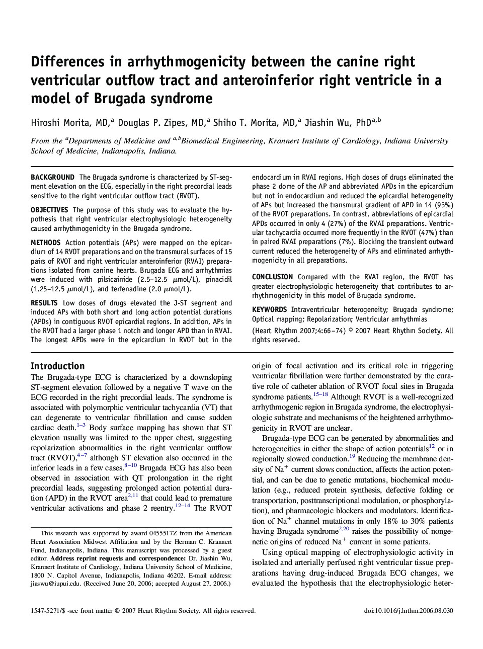 Differences in arrhythmogenicity between the canine right ventricular outflow tract and anteroinferior right ventricle in a model of Brugada syndrome 