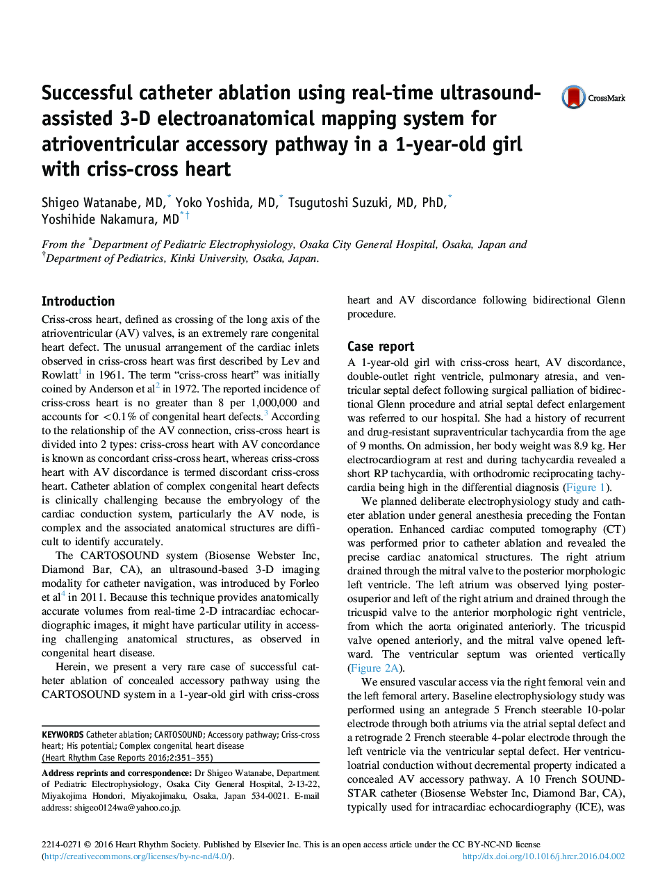 Successful catheter ablation using real-time ultrasound-assisted 3-D electroanatomical mapping system for atrioventricular accessory pathway in a 1-year-old girl with criss-cross heart