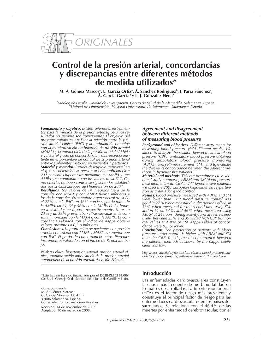 Control de la presión arterial, concordancias y discrepancias entre diferentes métodos de medida utilizados 