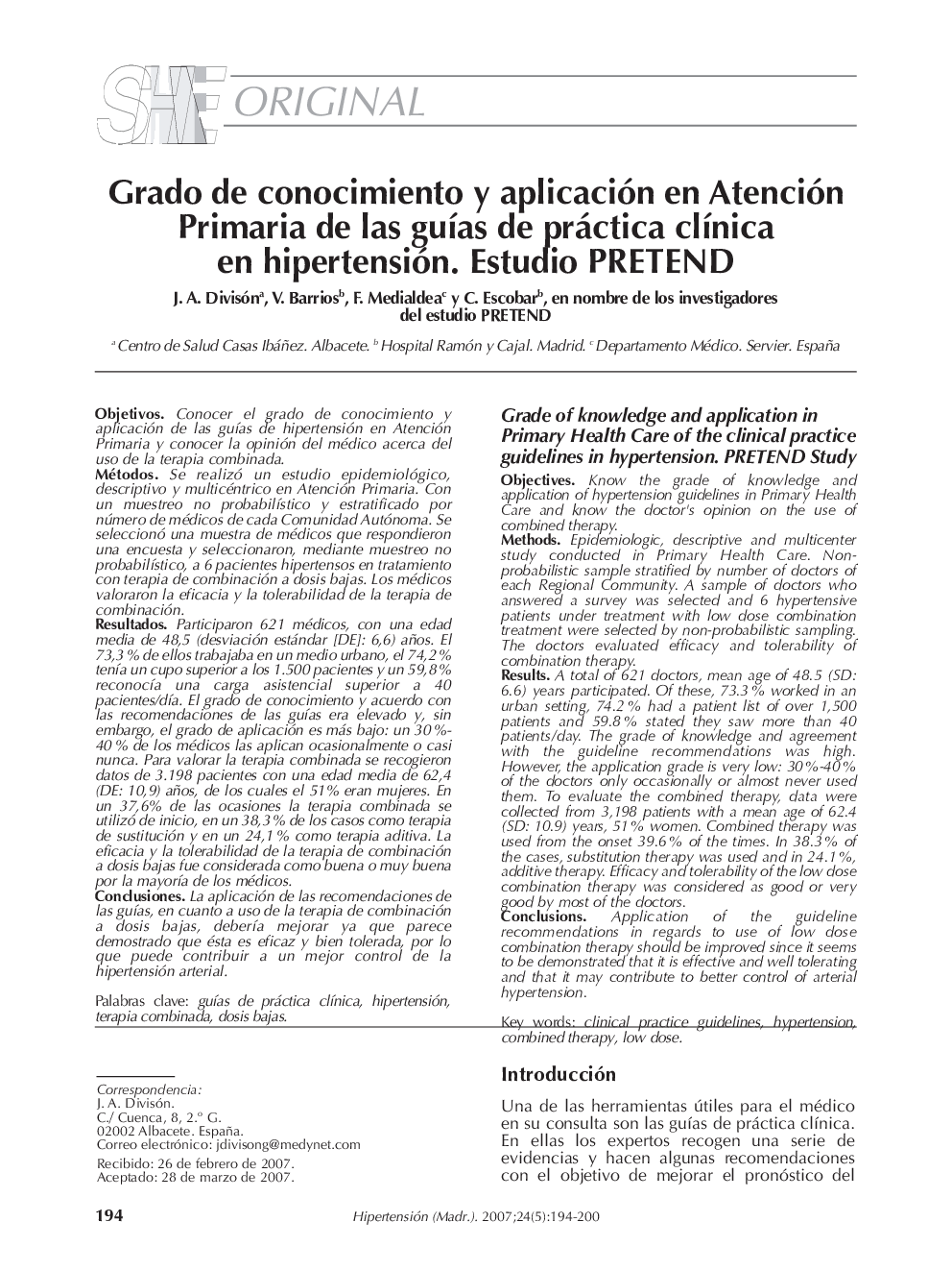 Grado de conocimiento y aplicación en Atención Primaria de las guÃ­as de práctica clÃ­nica en hipertensión. Estudio PRETEND