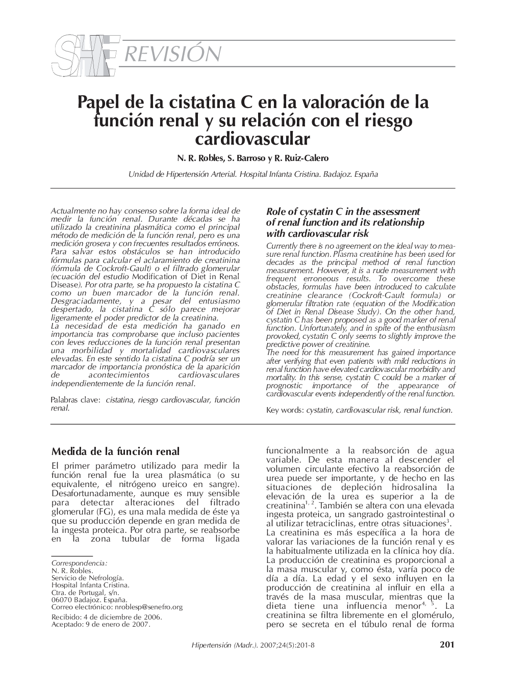 Papel de la cistatina C en la valoración de la función renal y su relación con el riesgo cardiovascular