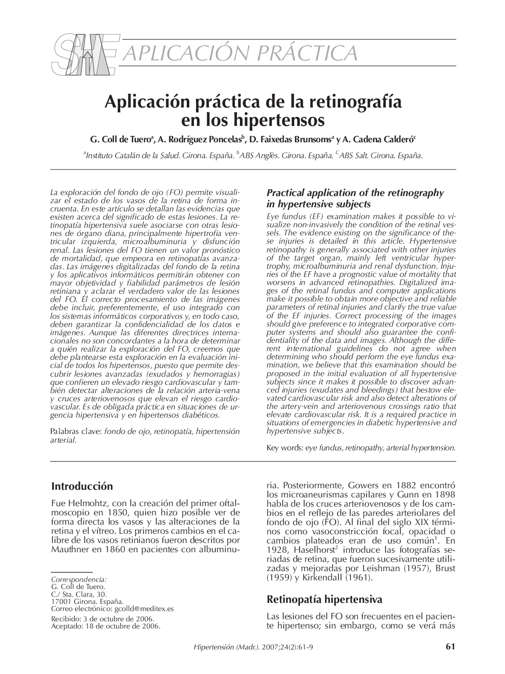 Aplicación práctica de la retinografÃ­a en los hipertensos