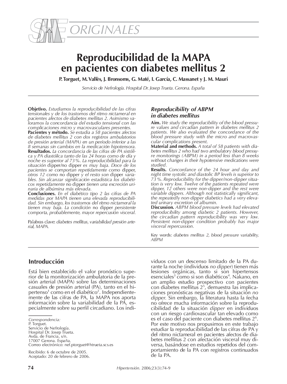 Reproducibilidad de la MAPA en pacientes con diabetes mellitus 2