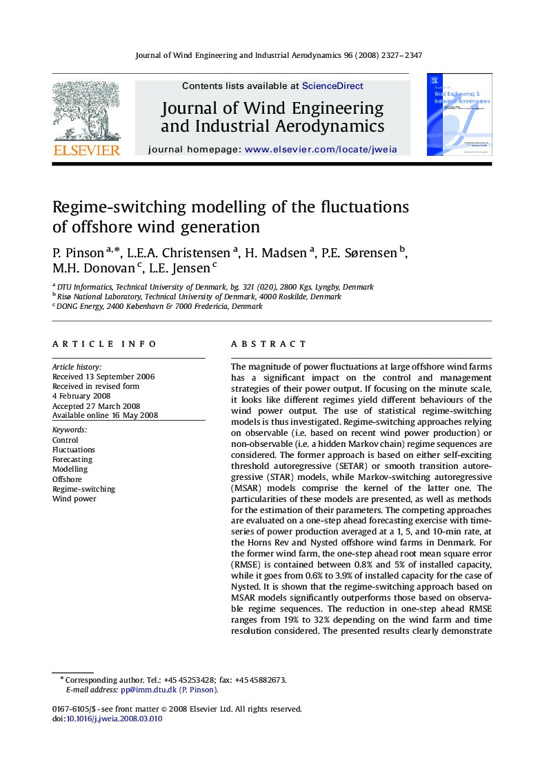 Regime-switching modelling of the fluctuations of offshore wind generation