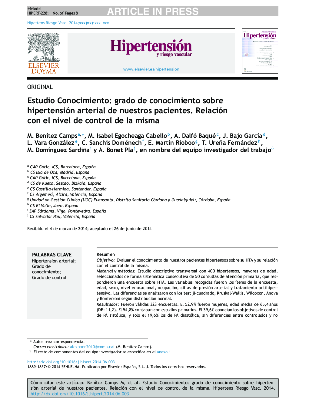 Estudio Conocimiento: grado de conocimiento sobre hipertensión arterial de nuestros pacientes. Relación con el nivel de control de la misma