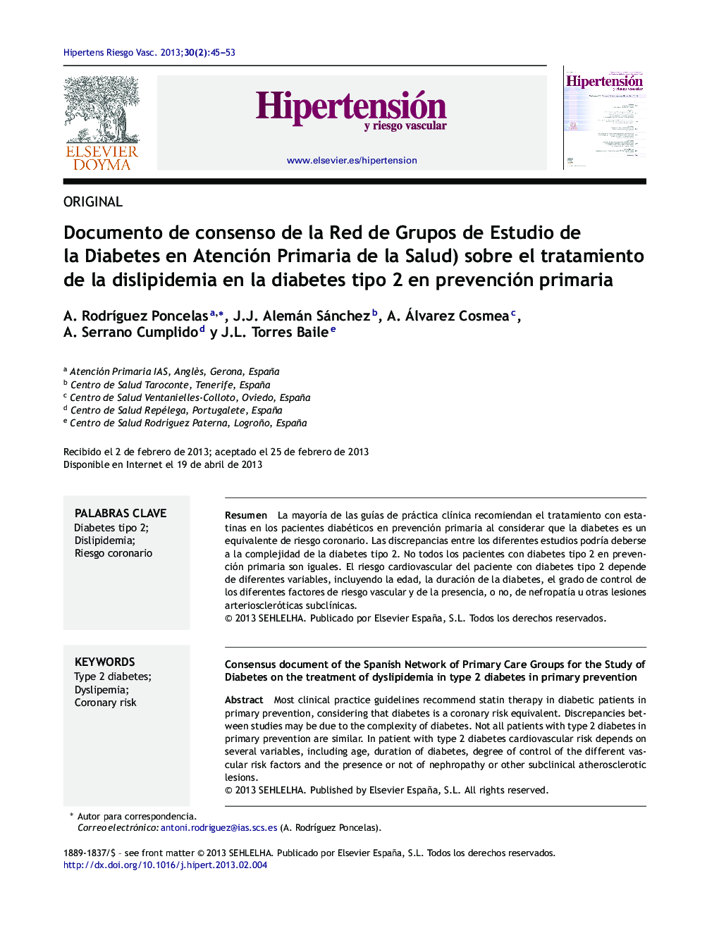 Documento de consenso de la Red de Grupos de Estudio de la Diabetes en Atención Primaria de la Salud) sobre el tratamiento de la dislipidemia en la diabetes tipo 2 en prevención primaria