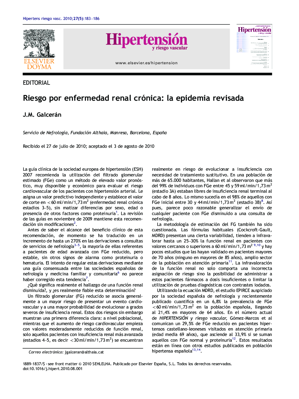 عکس صفحه اول مقاله: Riesgo por enfermedad renal crónica: la epidemia revisada Riesgo por enfermedad renal crónica: la epidemia revisada