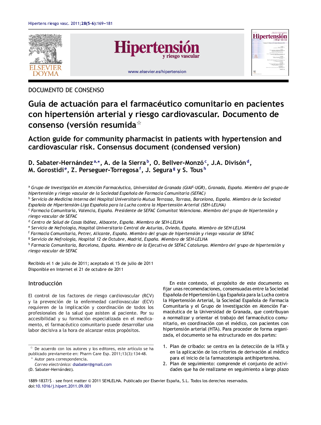 عکس صفحه اول مقاله: GuÃa de actuación para el farmacéutico comunitario en pacientes con hipertensión arterial y riesgo cardiovascular. Documento de consenso (versión resumida GuÃa de actuación para el farmacéutico comunitario en pacientes con hipertensión arterial y riesgo cardiovascular. Documento de consenso (versión resumida