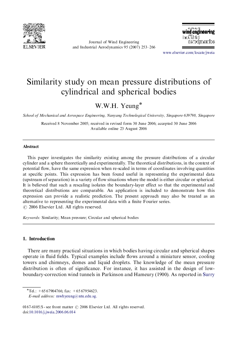 Similarity study on mean pressure distributions of cylindrical and spherical bodies