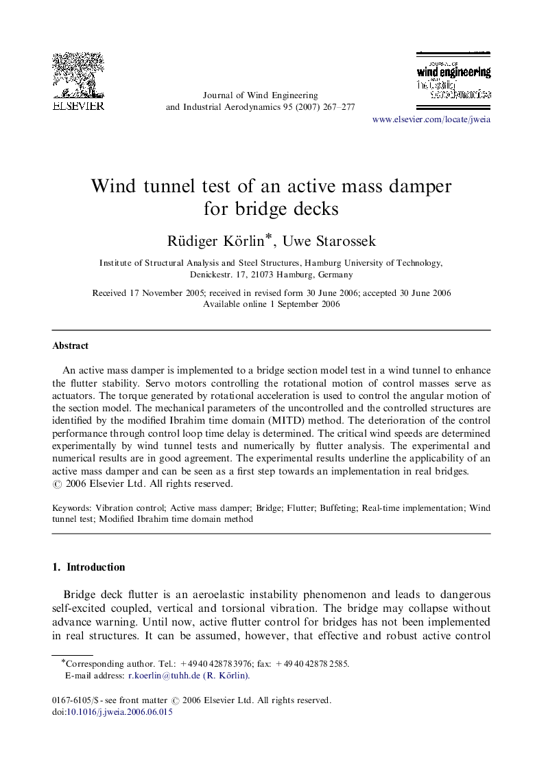 Wind tunnel test of an active mass damper for bridge decks