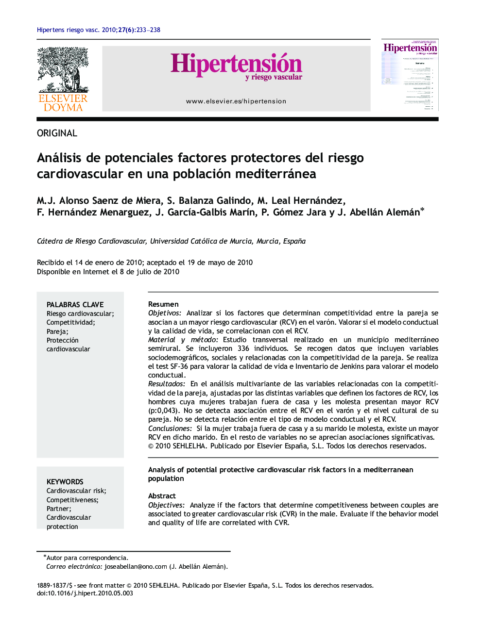 Análisis de potenciales factores protectores del riesgo cardiovascular en una población mediterránea