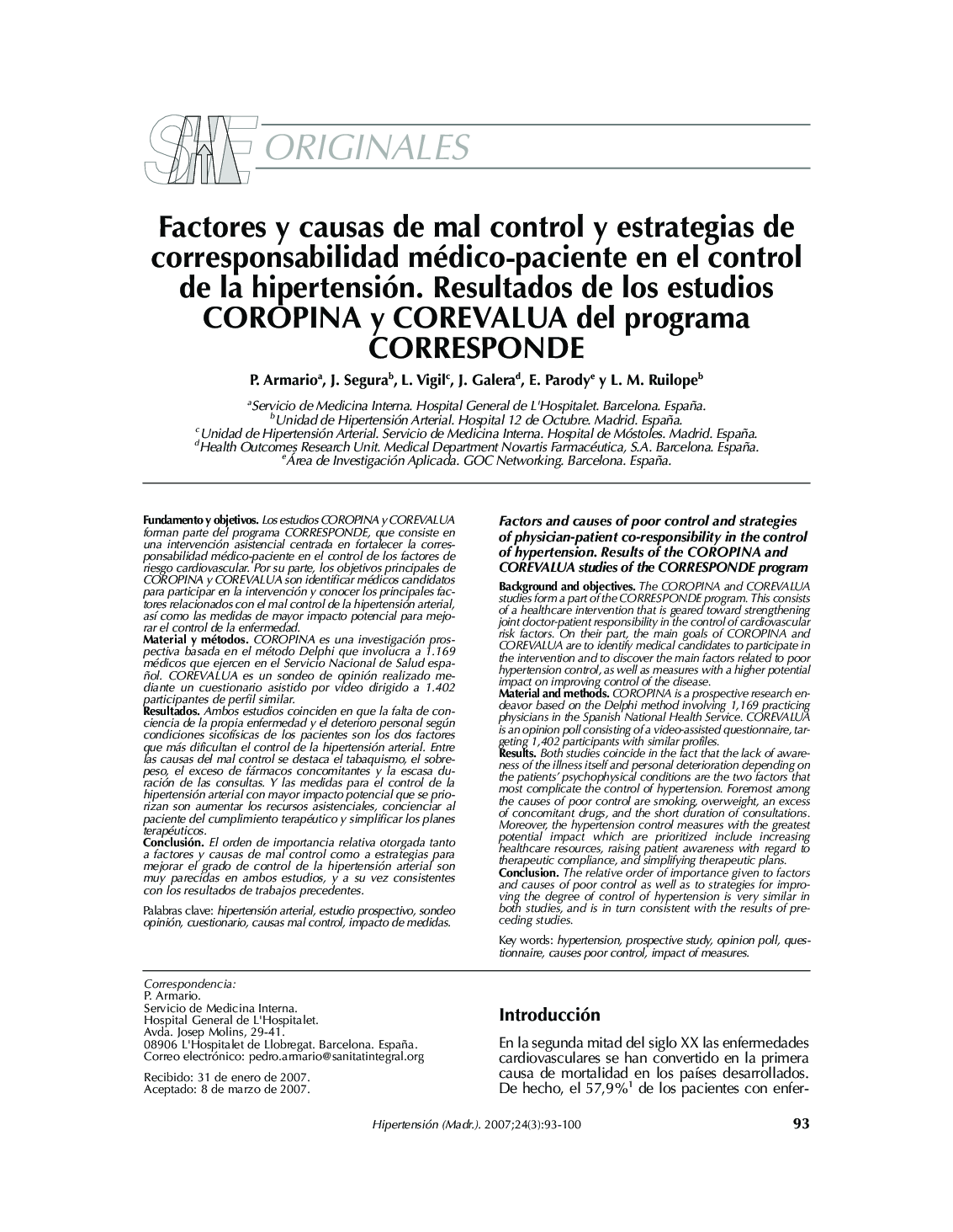 Factores y causas de mal control y estrategias de corresponsabilidad médico-paciente en el control de la hipertensión. Resultados de los estudios COROPINA y COREVALUA del programa CORRESPONDE