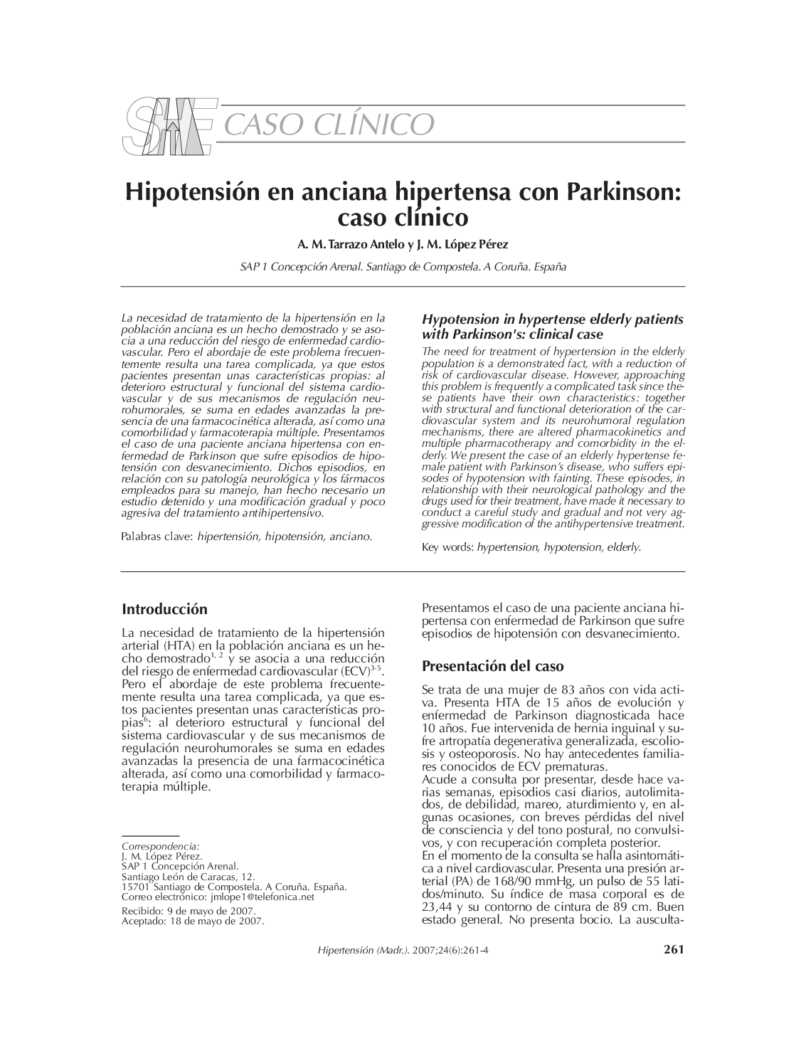 Hipotensión en anciana hipertensa con Parkinson: caso clÃ­nico