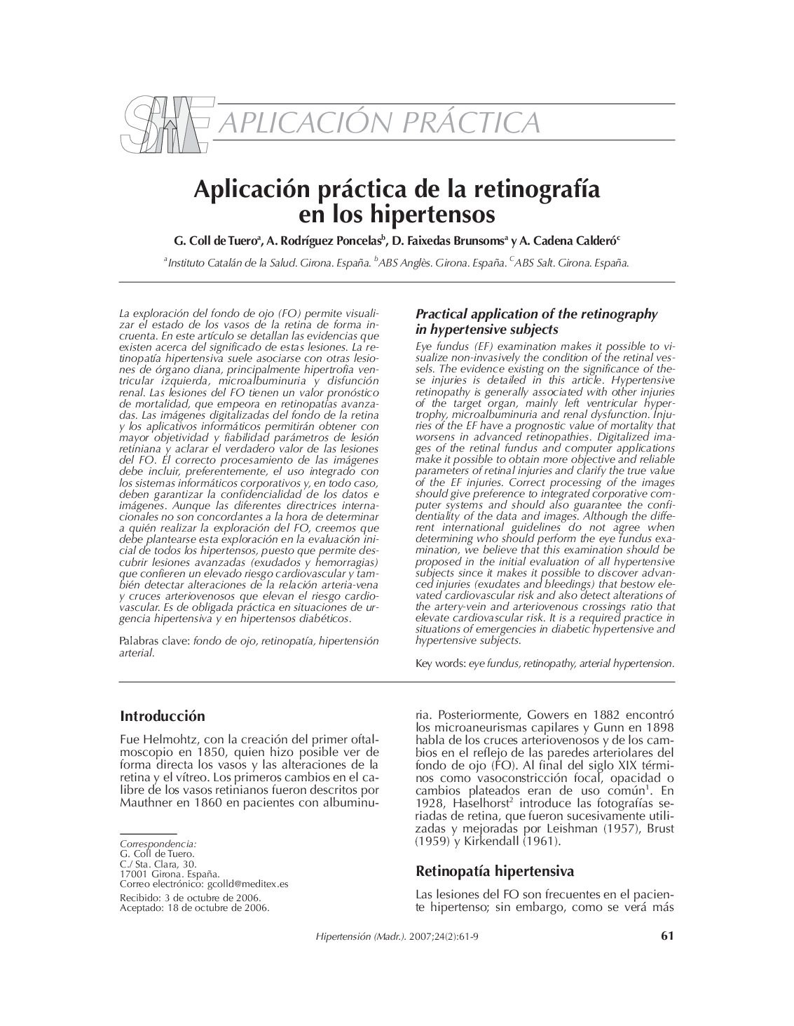 Aplicación práctica de la retinografÃ­a en los hipertensos