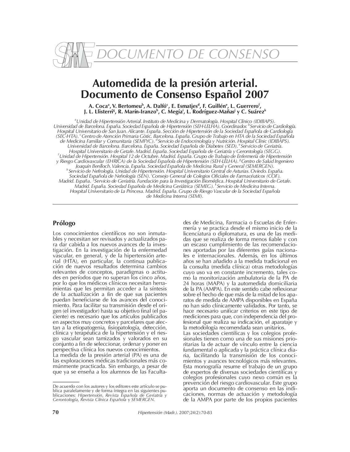 عکس صفحه اول مقاله: Automedida de la presión arterial. Documento de Consenso Español 2007 Automedida de la presión arterial. Documento de Consenso Español 2007