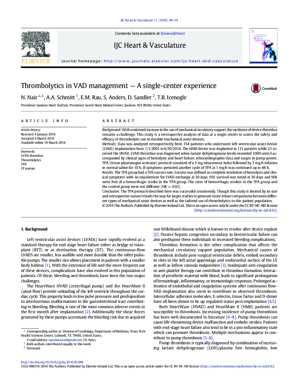 Thrombolytics in VAD management — A single-center experience