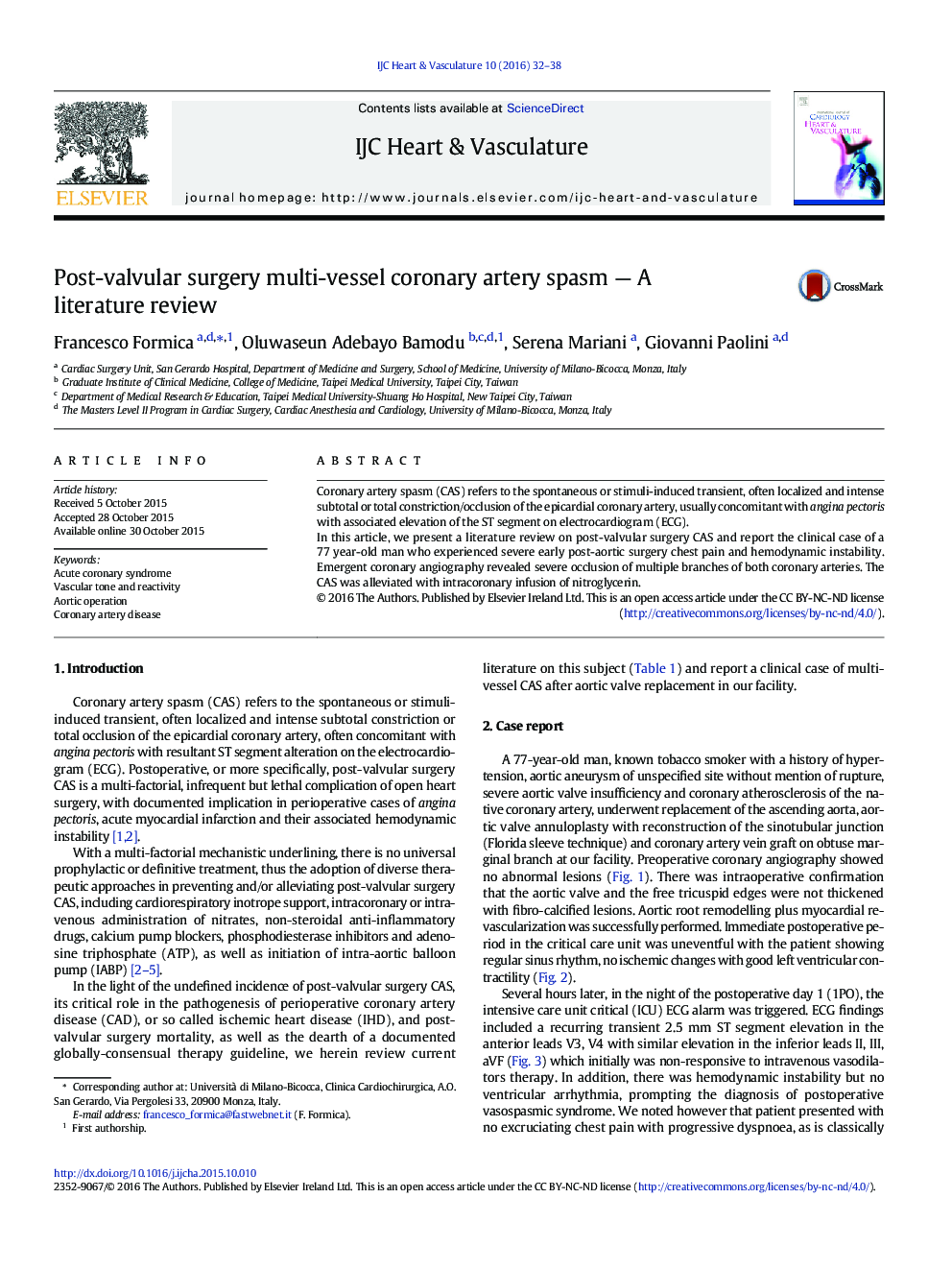 Post-valvular surgery multi-vessel coronary artery spasm — A literature review