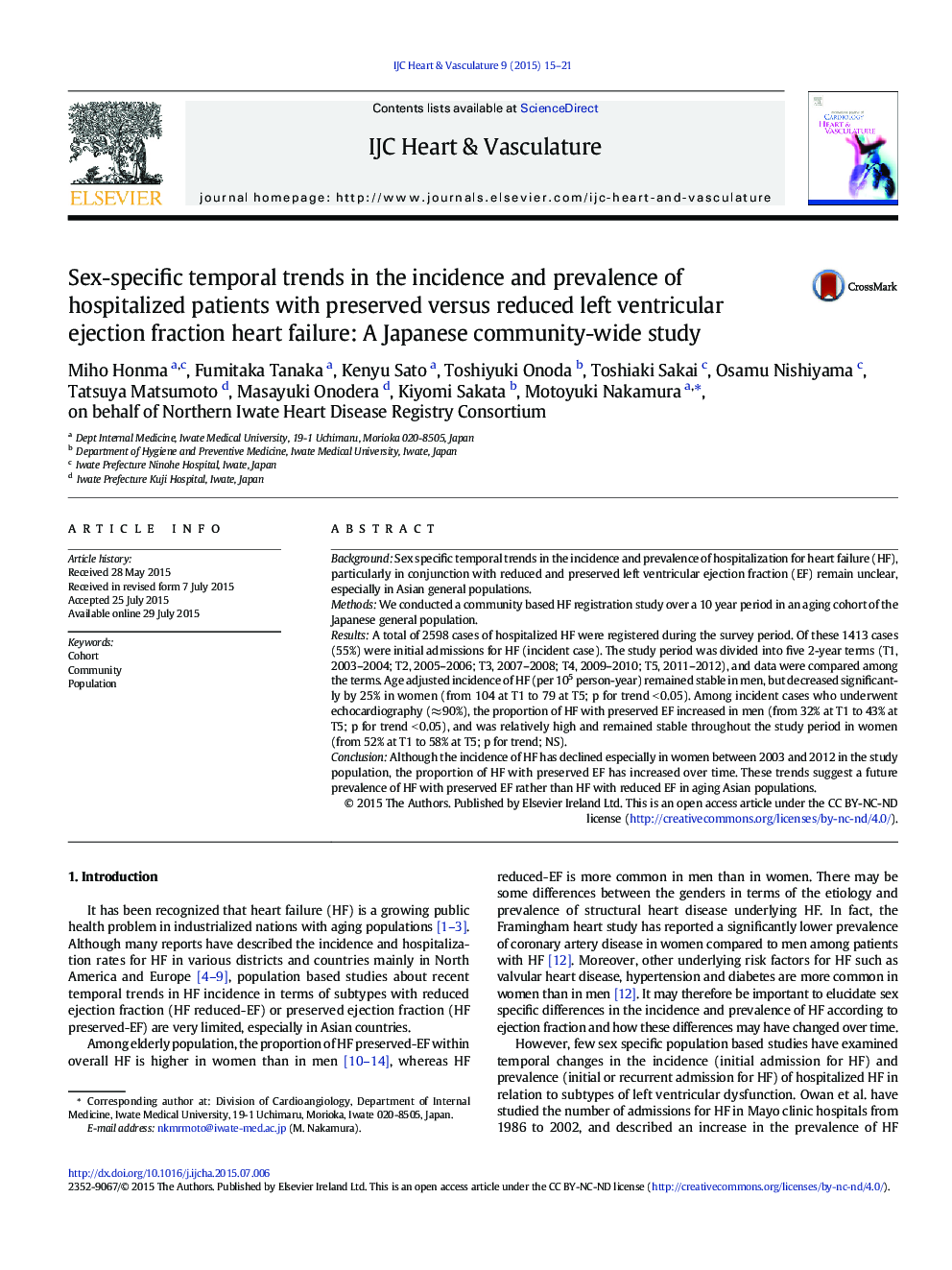 Sex-specific temporal trends in the incidence and prevalence of hospitalized patients with preserved versus reduced left ventricular ejection fraction heart failure: A Japanese community-wide study