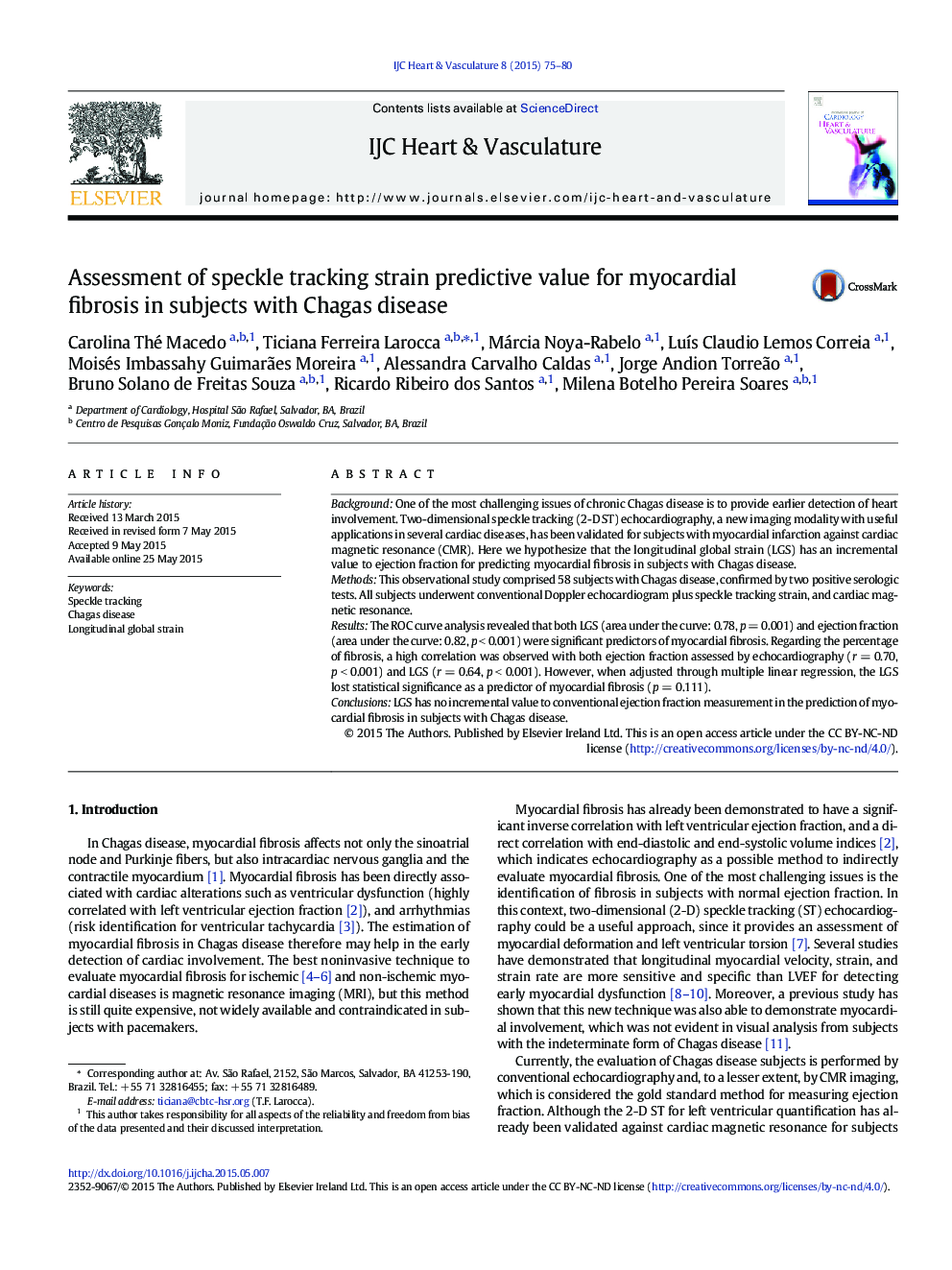 Assessment of speckle tracking strain predictive value for myocardial fibrosis in subjects with Chagas disease