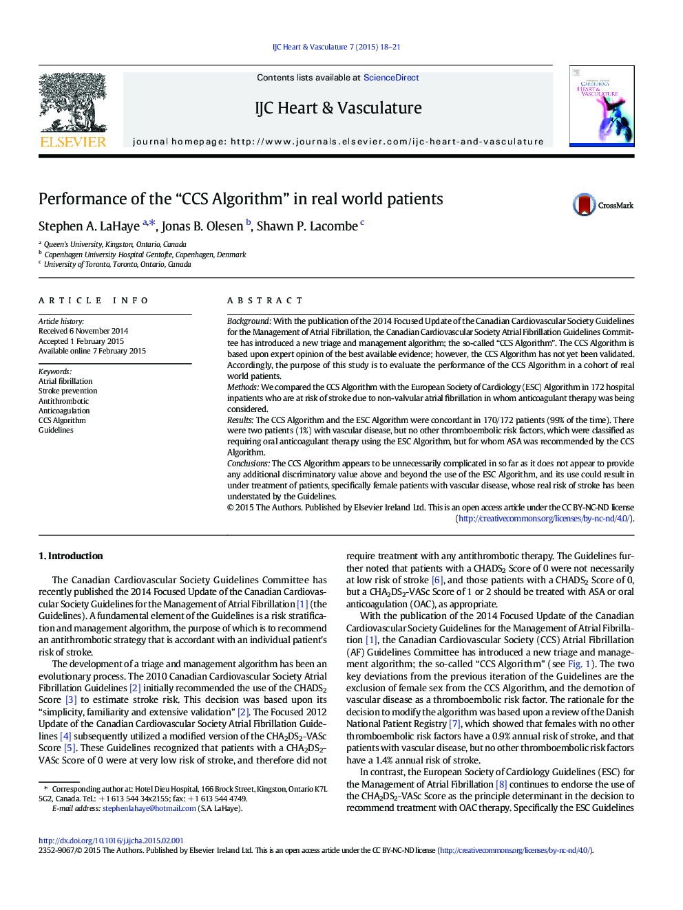 Performance of the “CCS Algorithm” in real world patients