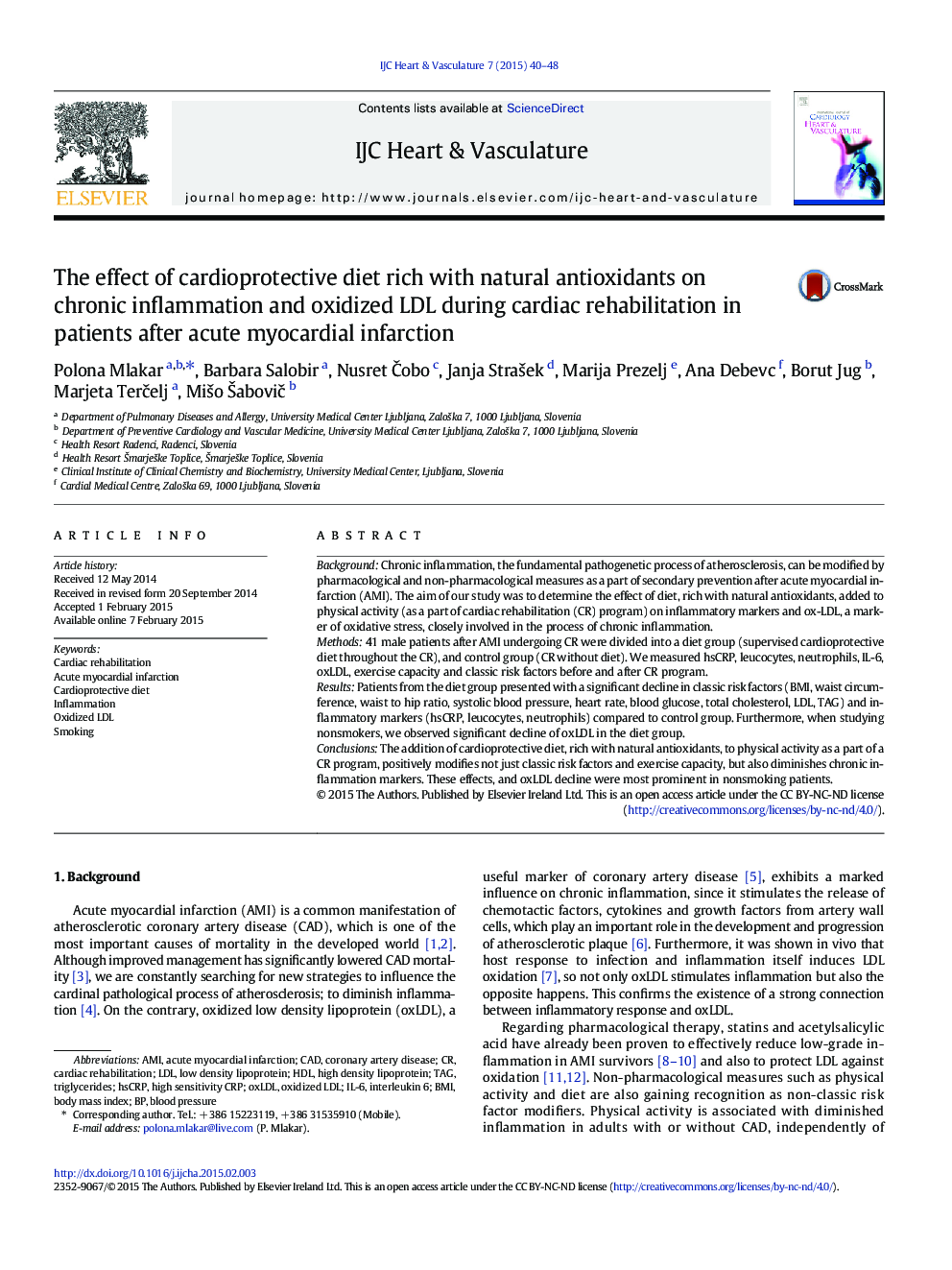 The effect of cardioprotective diet rich with natural antioxidants on chronic inflammation and oxidized LDL during cardiac rehabilitation in patients after acute myocardial infarction