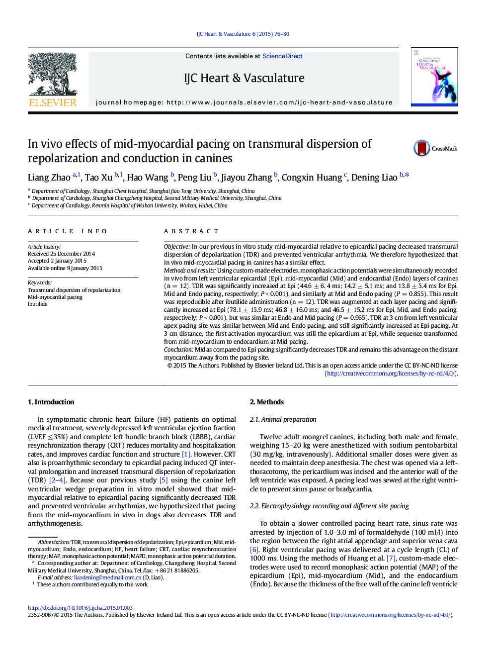 In vivo effects of mid-myocardial pacing on transmural dispersion of repolarization and conduction in canines