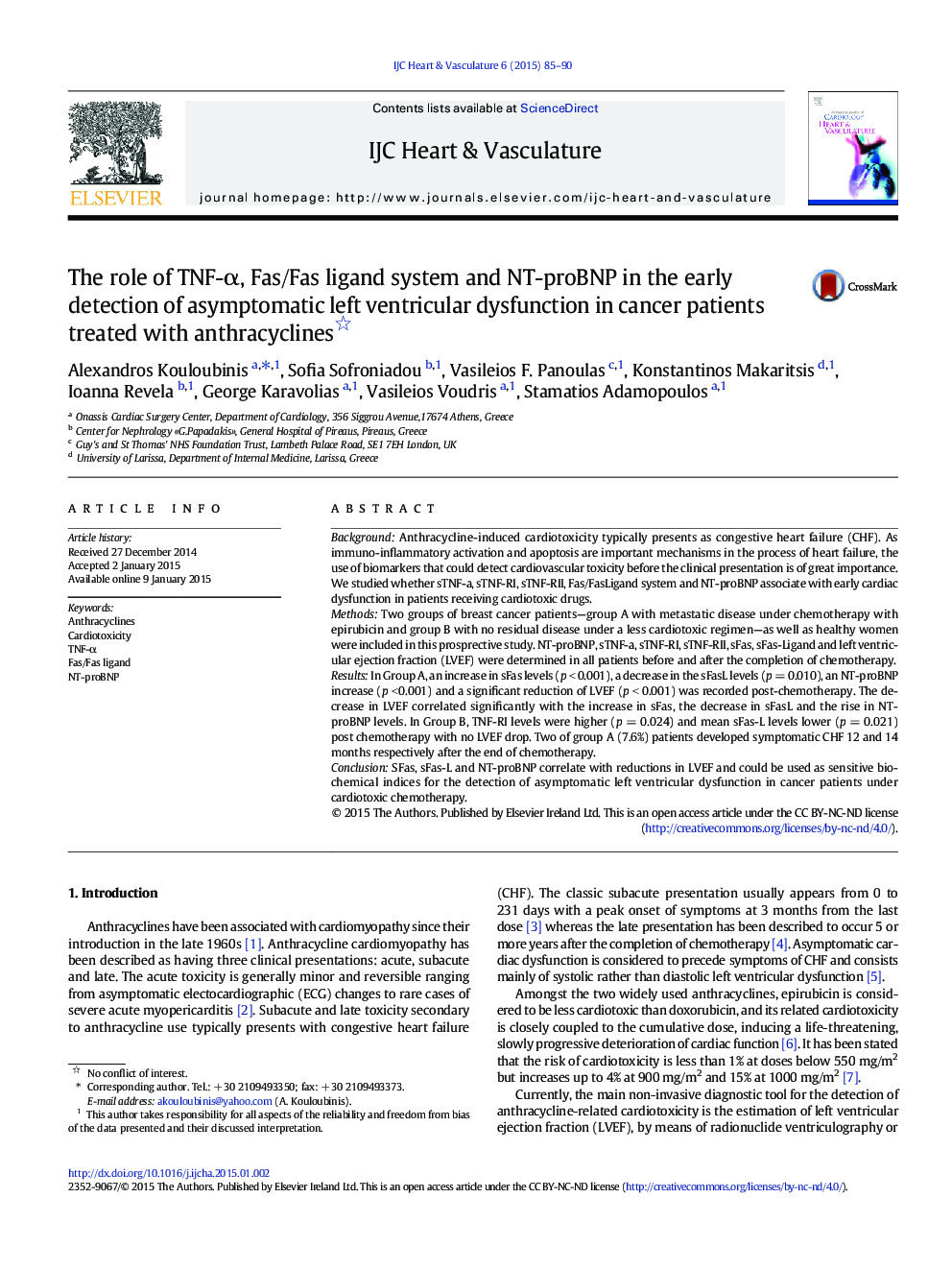The role of TNF-α, Fas/Fas ligand system and NT-proBNP in the early detection of asymptomatic left ventricular dysfunction in cancer patients treated with anthracyclines 