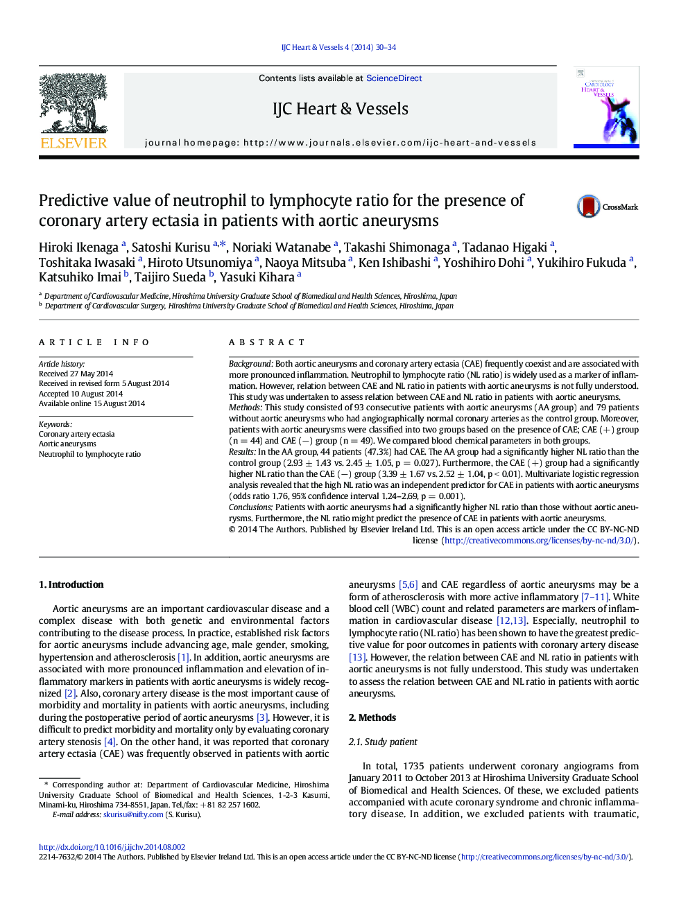 Predictive value of neutrophil to lymphocyte ratio for the presence of coronary artery ectasia in patients with aortic aneurysms 