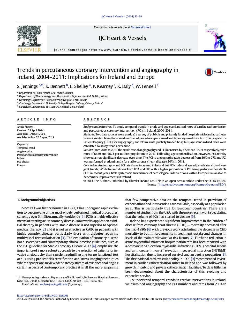 Trends in percutaneous coronary intervention and angiography in Ireland, 2004–2011: Implications for Ireland and Europe 