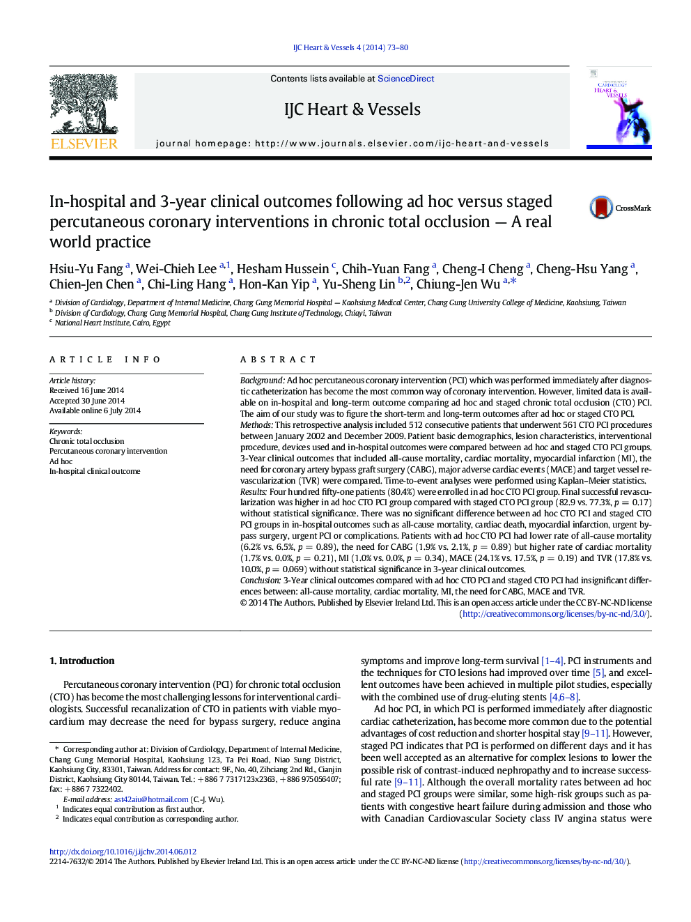 In-hospital and 3-year clinical outcomes following ad hoc versus staged percutaneous coronary interventions in chronic total occlusion — A real world practice 