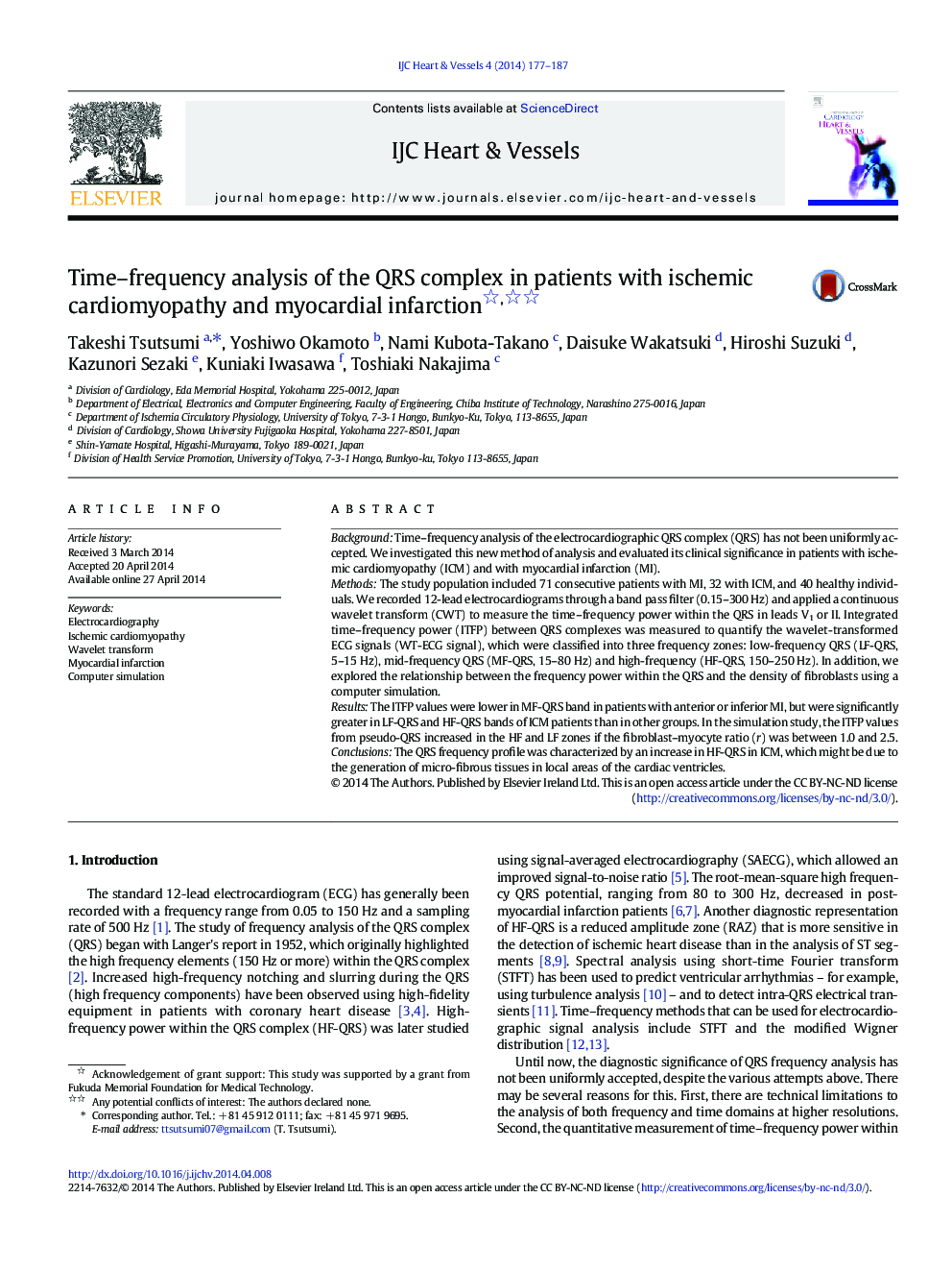 Time–frequency analysis of the QRS complex in patients with ischemic cardiomyopathy and myocardial infarction 