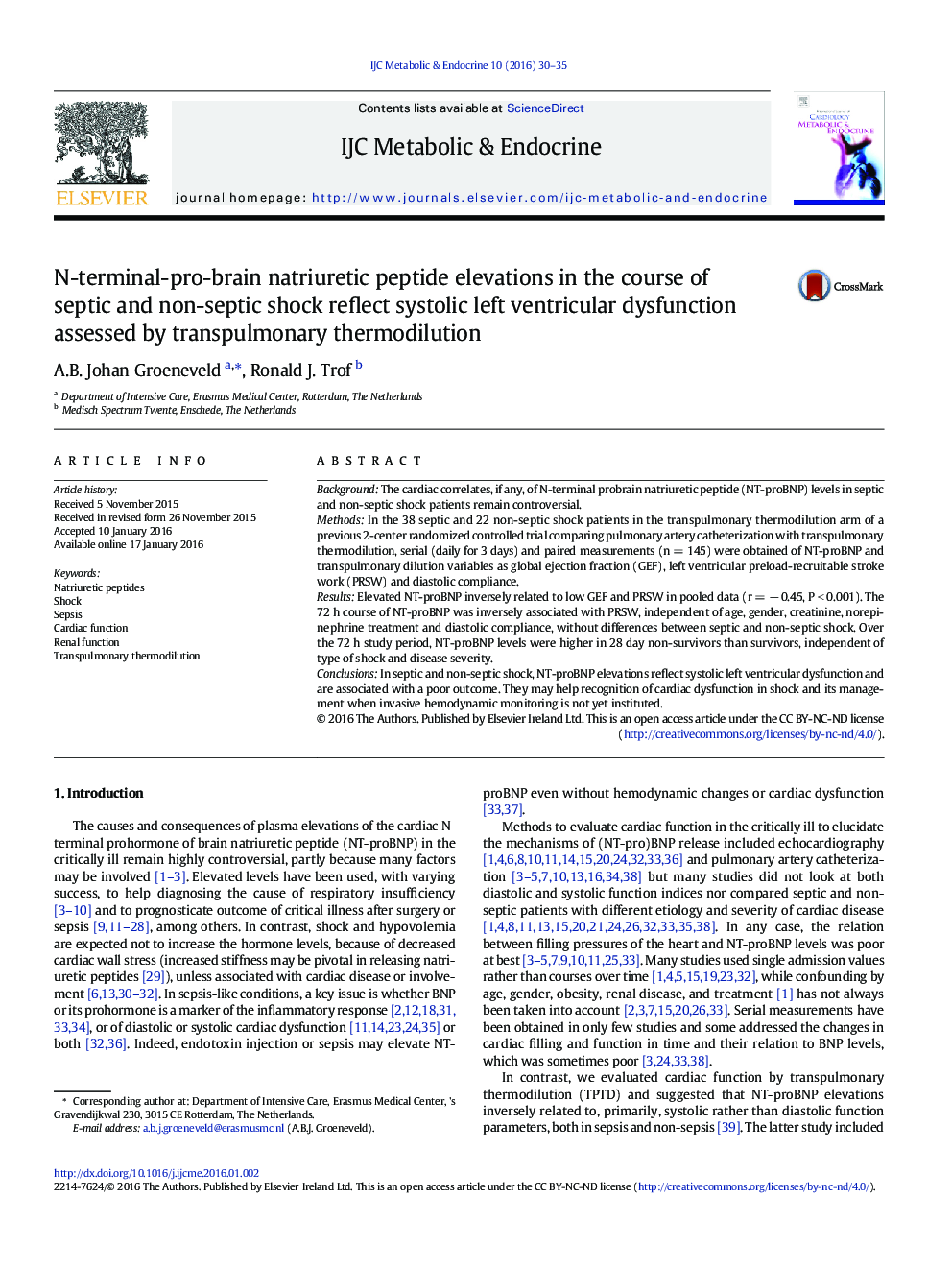 N-terminal-pro-brain natriuretic peptide elevations in the course of septic and non-septic shock reflect systolic left ventricular dysfunction assessed by transpulmonary thermodilution