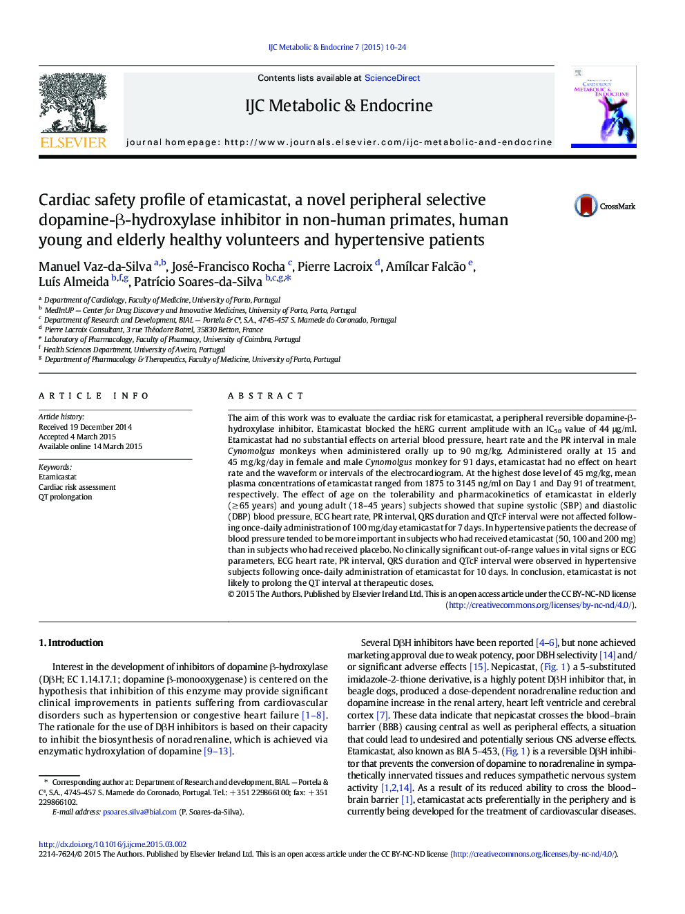 Cardiac safety profile of etamicastat, a novel peripheral selective dopamine-β-hydroxylase inhibitor in non-human primates, human young and elderly healthy volunteers and hypertensive patients
