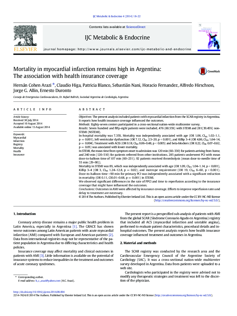 Mortality in myocardial infarction remains high in Argentina: The association with health insurance coverage