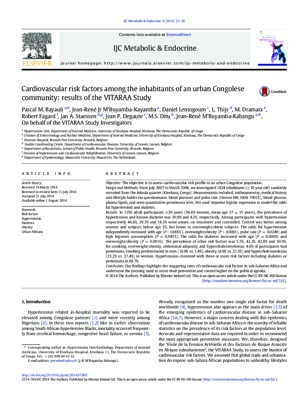 Cardiovascular risk factors among the inhabitants of an urban Congolese community: results of the VITARAA Study