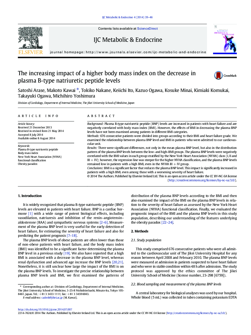 The increasing impact of a higher body mass index on the decrease in plasma B-type natriuretic peptide levels