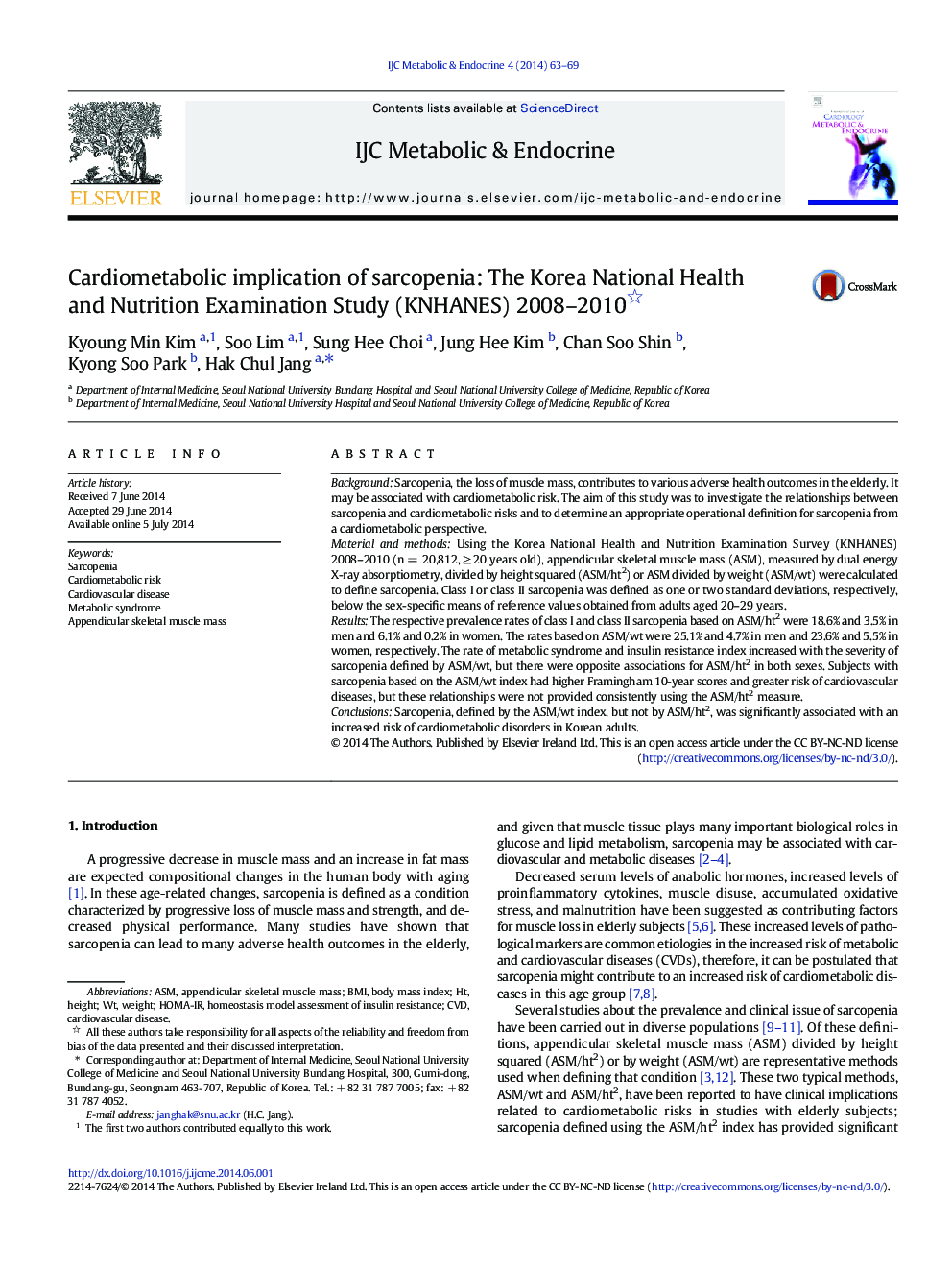 Cardiometabolic implication of sarcopenia: The Korea National Health and Nutrition Examination Study (KNHANES) 2008–2010 