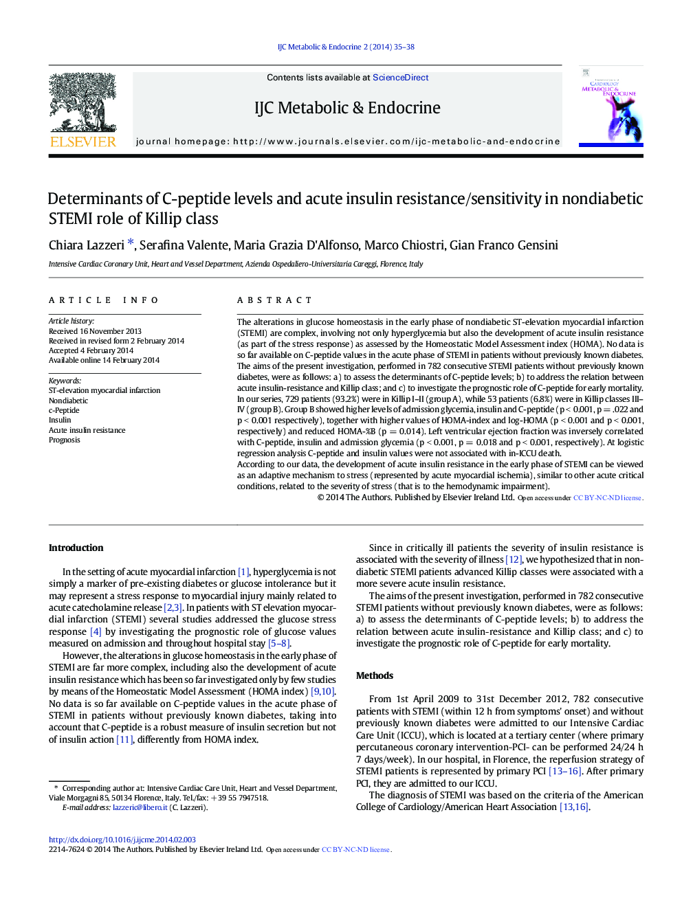 Determinants of C-peptide levels and acute insulin resistance/sensitivity in nondiabetic STEMI role of Killip class 