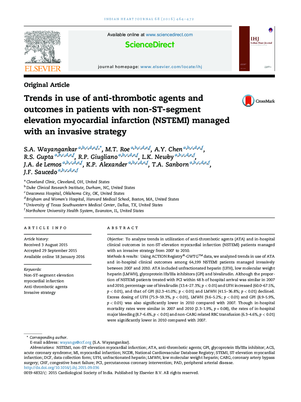 موضوعات داغ در استفاده از عوامل ضدلخته و بروز عوارض در بیماران مبتلا به انفارکتوس میوکارد (NSTEMI) ارتفاع غیرقطعه ST با یک استراتژی تهاجمی موفق