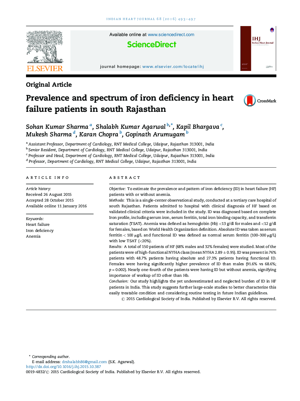 Prevalence and spectrum of iron deficiency in heart failure patients in south Rajasthan
