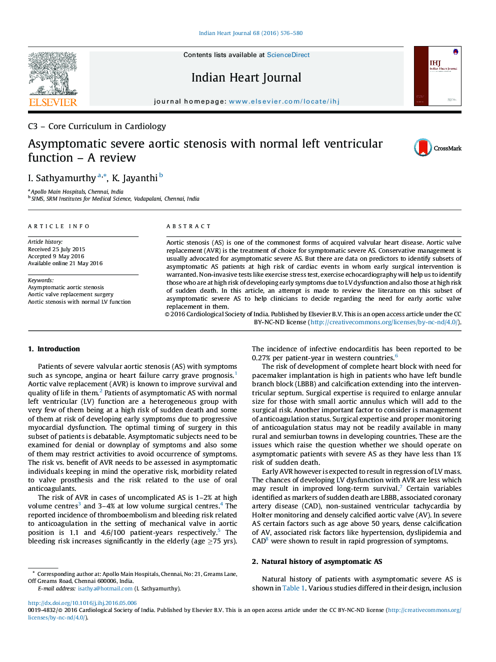 Asymptomatic severe aortic stenosis with normal left ventricular function – A review