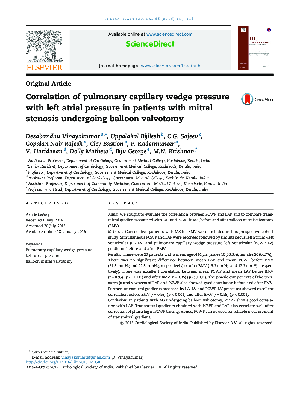Correlation of pulmonary capillary wedge pressure with left atrial pressure in patients with mitral stenosis undergoing balloon valvotomy